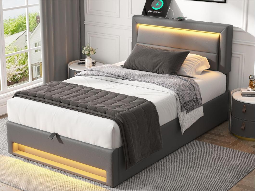 90x200 cm kunstleer opbergbed met LED - met oplaadpoorten (bedraad en draadloos) - Grijs
