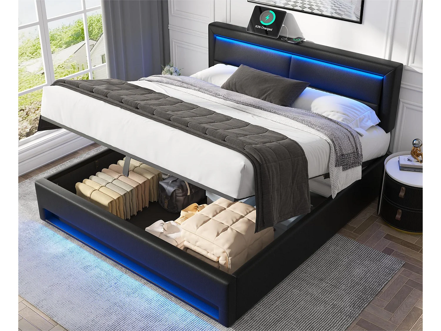 Cama de arrumação em pele sintética de 160x200 cm com LED - com portas de carregamento (com e sem fios) - Preto