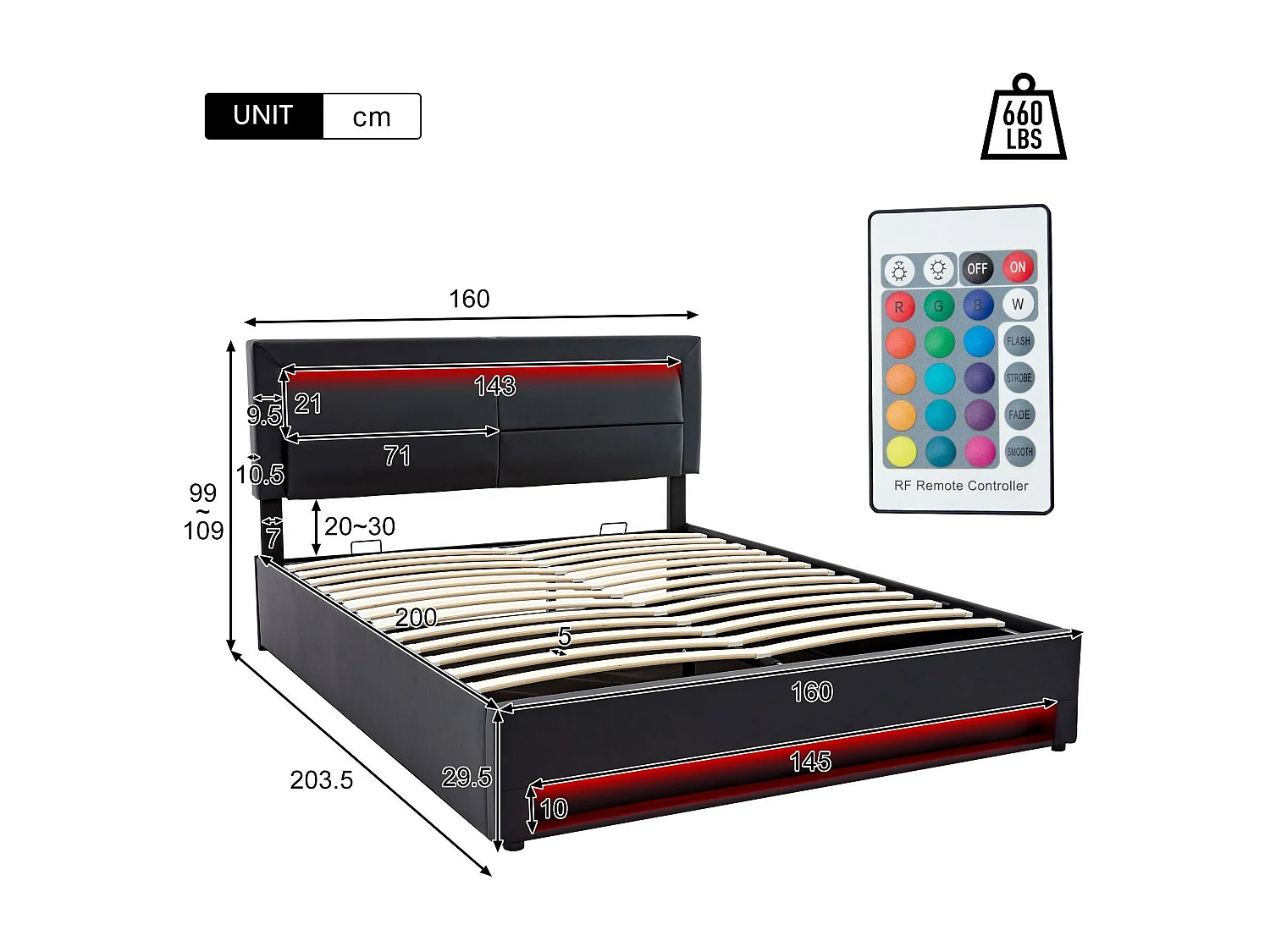 Cama de arrumação em pele sintética de 160x200 cm com LED - com portas de carregamento (com e sem fios) - Preto