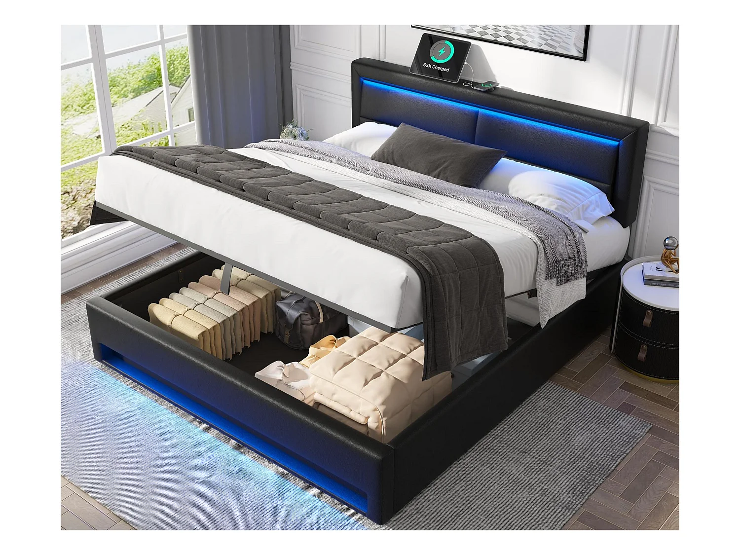Łóżko z pojemnikiem 160x200 cm z ekoskóry z LED - z portami do ładowania (przewodowym i bezprzewodowym) - Czarne