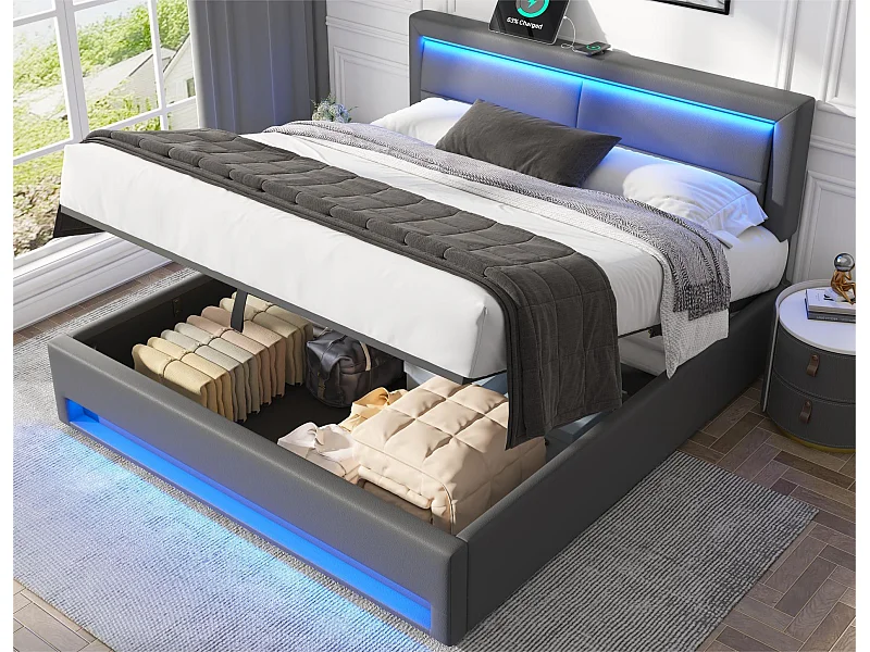 Lit coffre 140x200 cm en similicuir avec LED - avec ports de recharge (filaire & sans fil) - Gris
