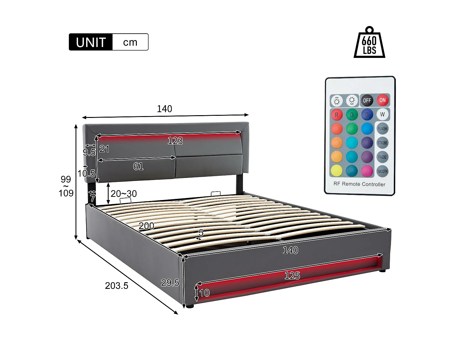 Lit coffre 140x200 cm en similicuir avec LED - avec ports de recharge (filaire & sans fil) - Gris