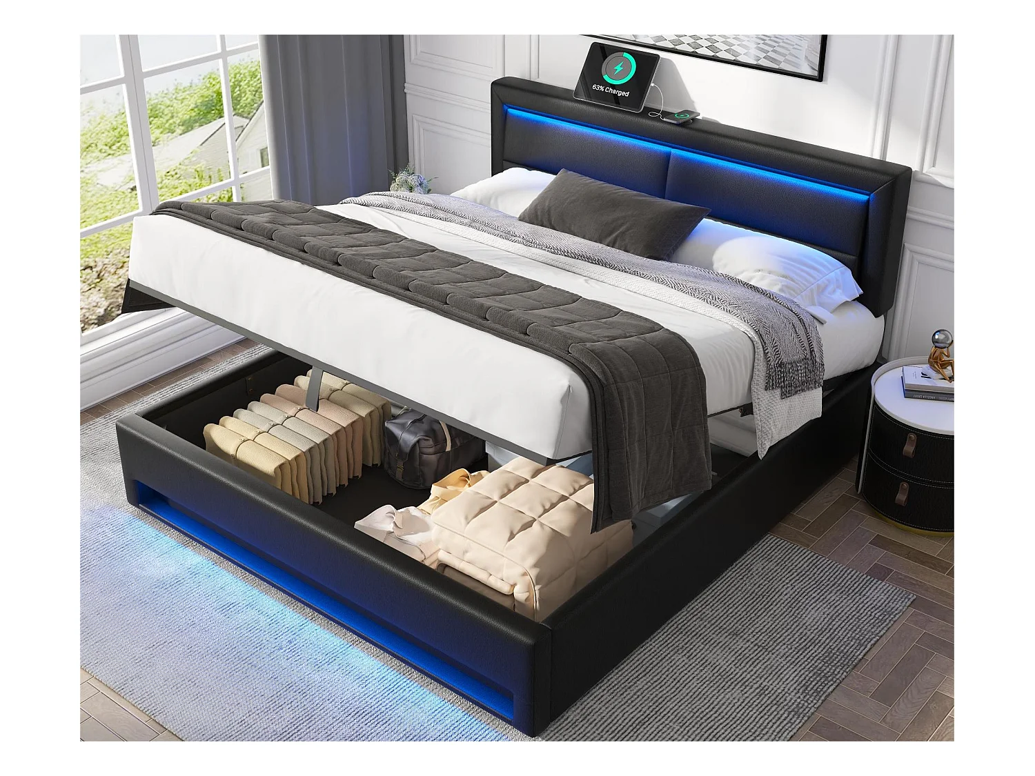 Lit coffre 140x200 cm en similicuir avec LED - avec ports de recharge (filaire & sans fil) - Noir