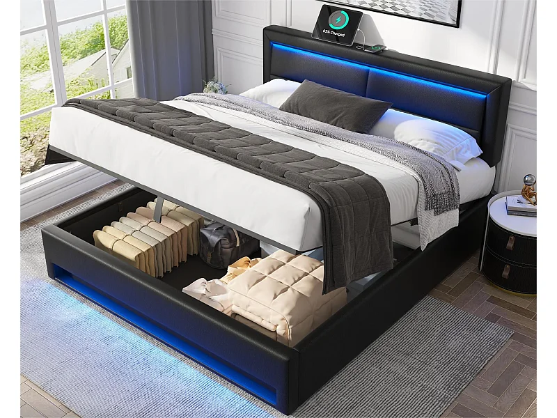 Lit coffre 140x200 cm en similicuir avec LED - avec ports de recharge (filaire & sans fil) - Noir