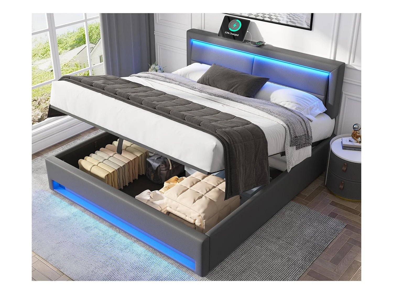 160x200 cm kunstleer opbergbed met LED - met oplaadpoorten (bedraad en draadloos) - Grijs