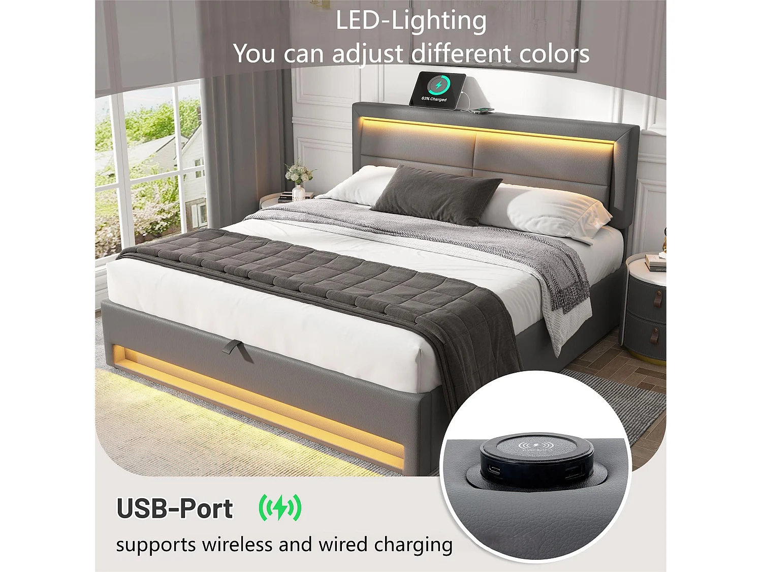 Lit coffre 160x200 cm en similicuir avec LED - avec ports de recharge (filaire & sans fil) - Gris