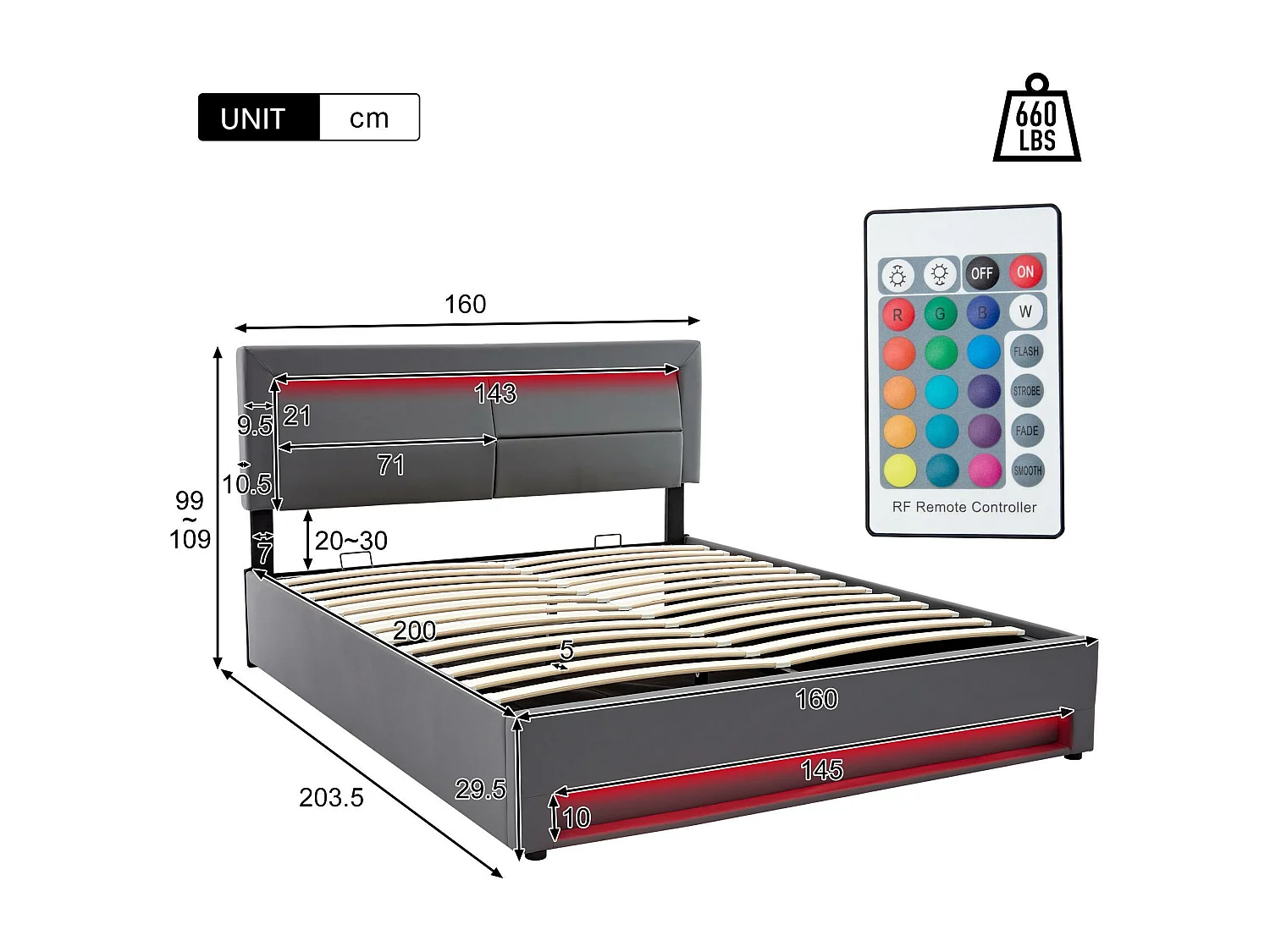 Lit coffre 160x200 cm en similicuir avec LED - avec ports de recharge (filaire & sans fil) - Gris