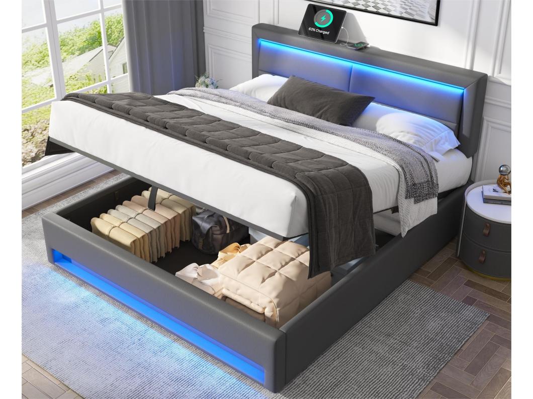 160x200 cm kunstleer opbergbed met LED - met oplaadpoorten (bedraad en draadloos) - Grijs