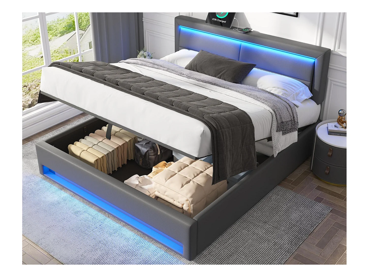 Lit coffre 140x190 cm en similicuir avec LED - avec ports de recharge (filaire & sans fil) - Gris
