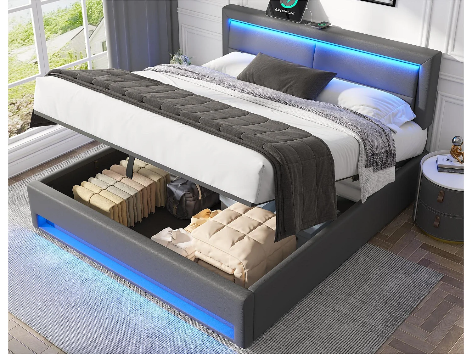 Lit coffre 140x190 cm en similicuir avec LED - avec ports de recharge (filaire & sans fil) - Gris