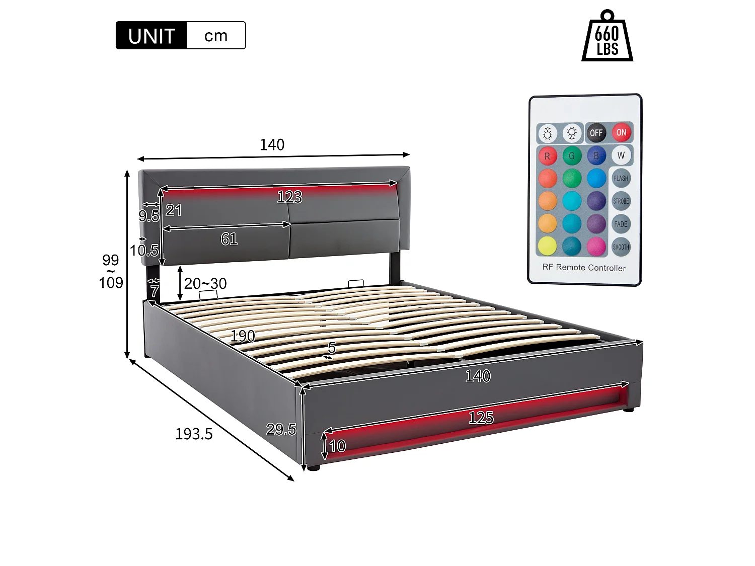 Lit coffre 140x190 cm en similicuir avec LED - avec ports de recharge (filaire & sans fil) - Gris