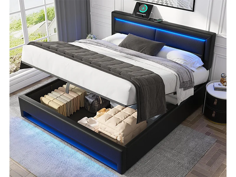 Opbergbed 140x190 cm in kunstleer met LED - met oplaadpoorten (bedraad & draadloos) - Zwart