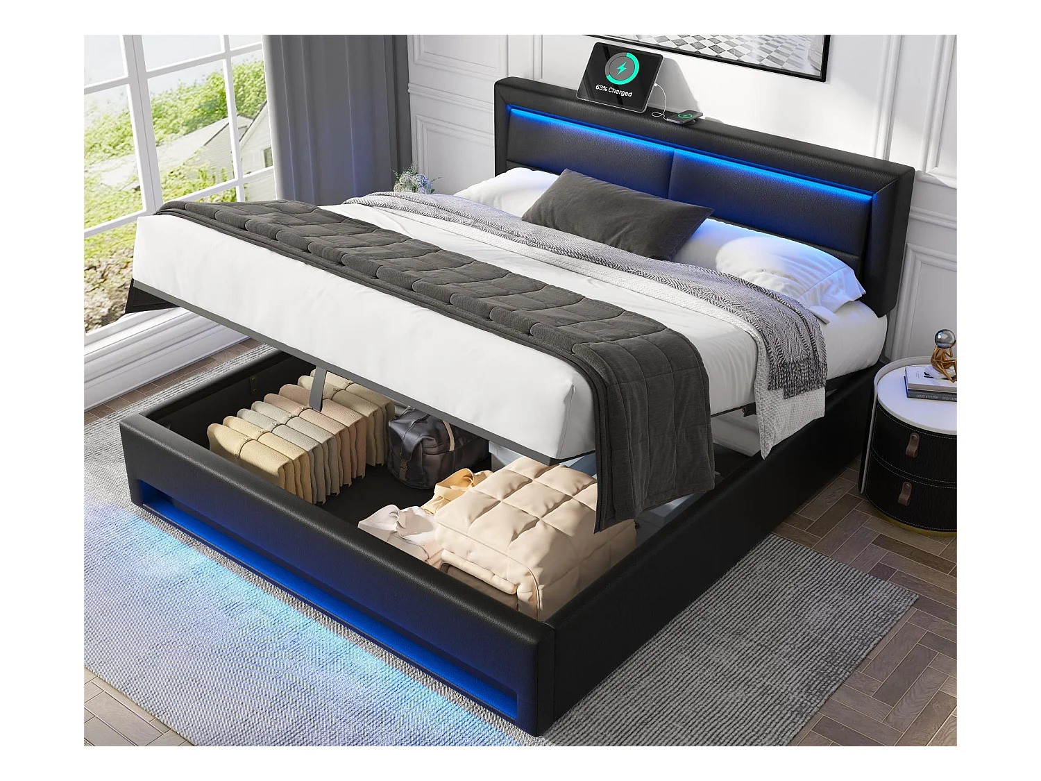 Łóżko z pojemnikiem 140x190 cm z ekoskóry z LED - z portami ładowania (przewodowymi i bezprzewodowymi) - Czarne