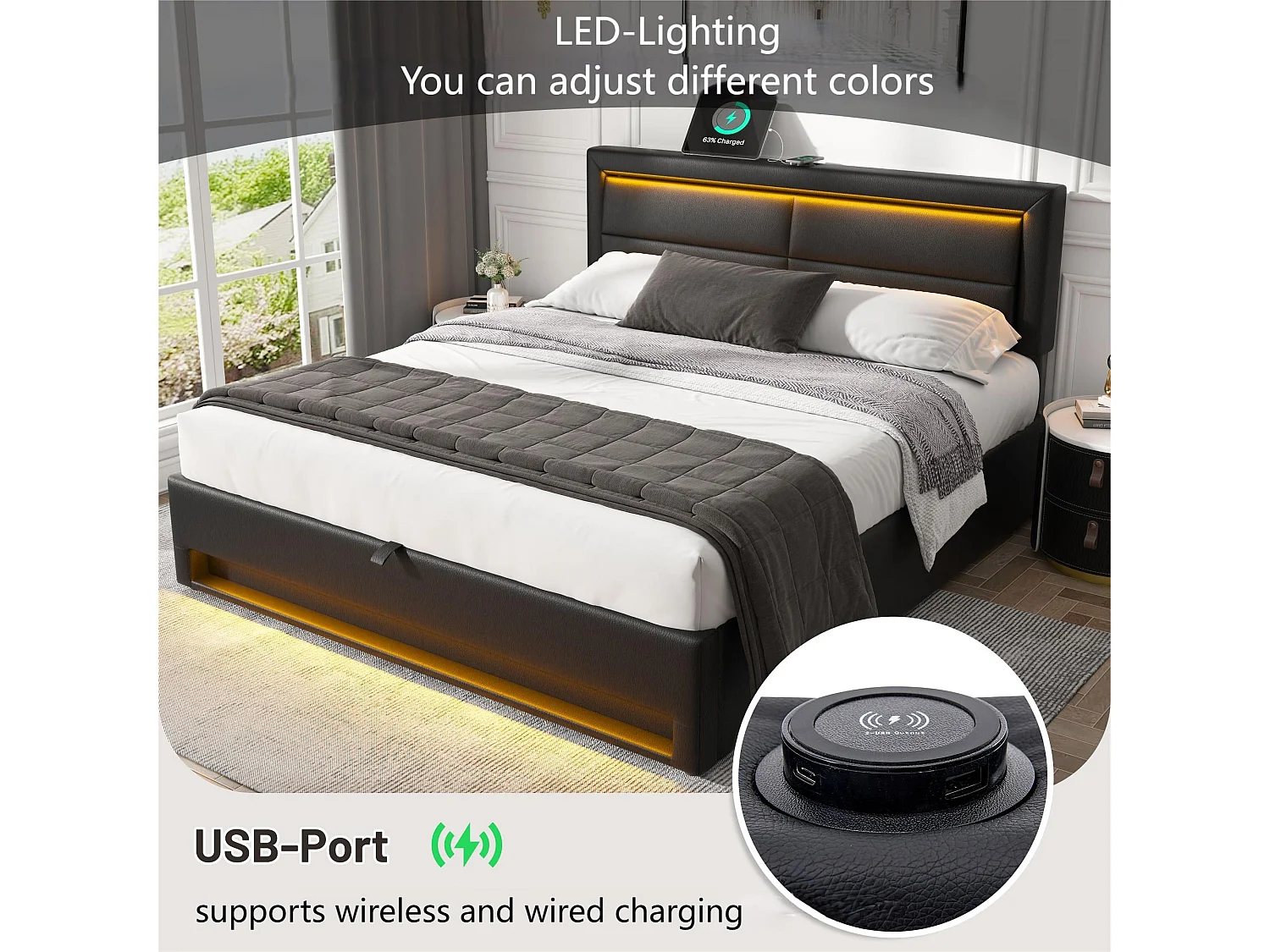 Lit coffre 140x190 cm en similicuir avec LED - avec ports de recharge (filaire & sans fil) - Noir