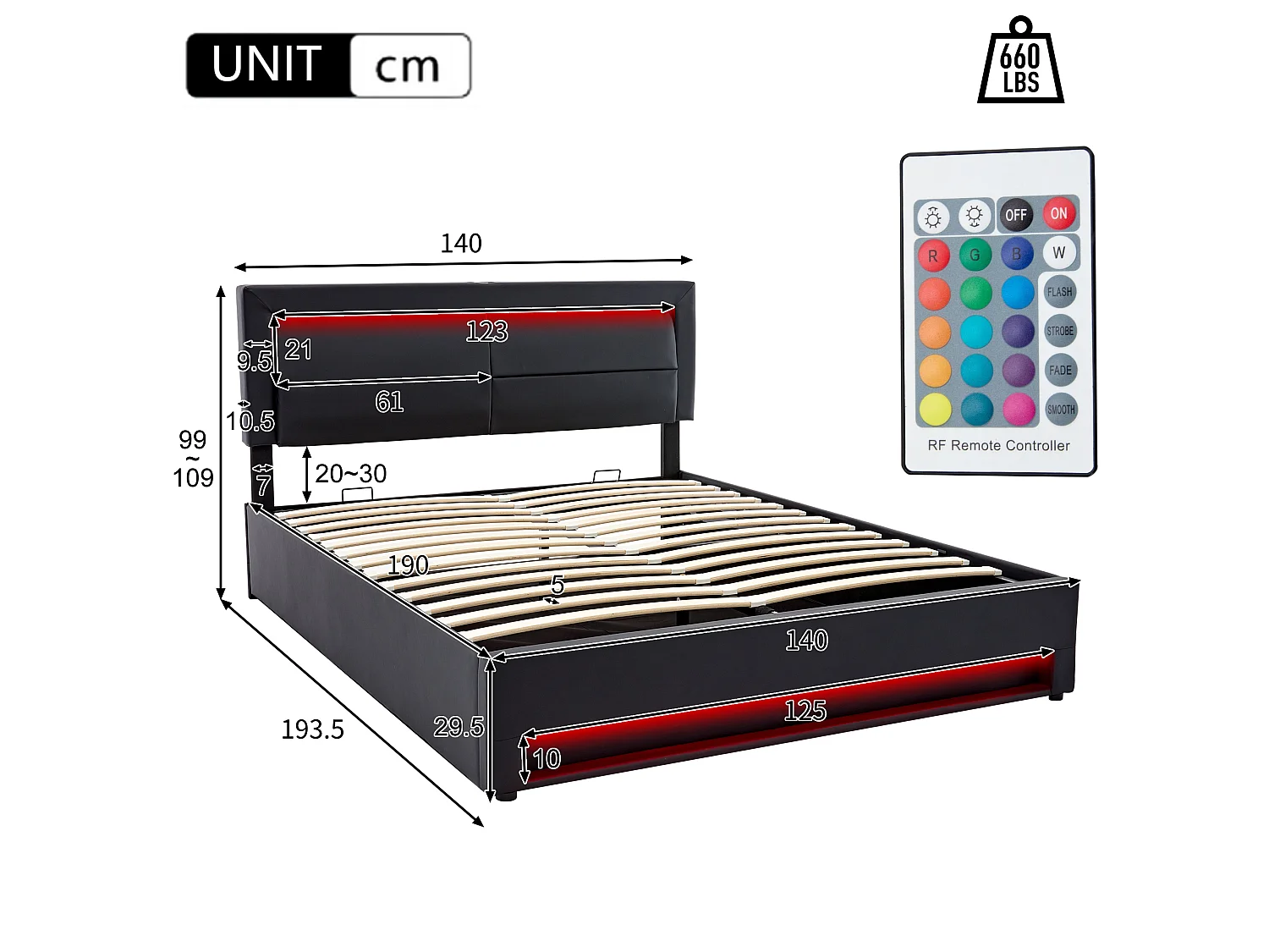 Lit coffre 140x190 cm en similicuir avec LED - avec ports de recharge (filaire & sans fil) - Noir