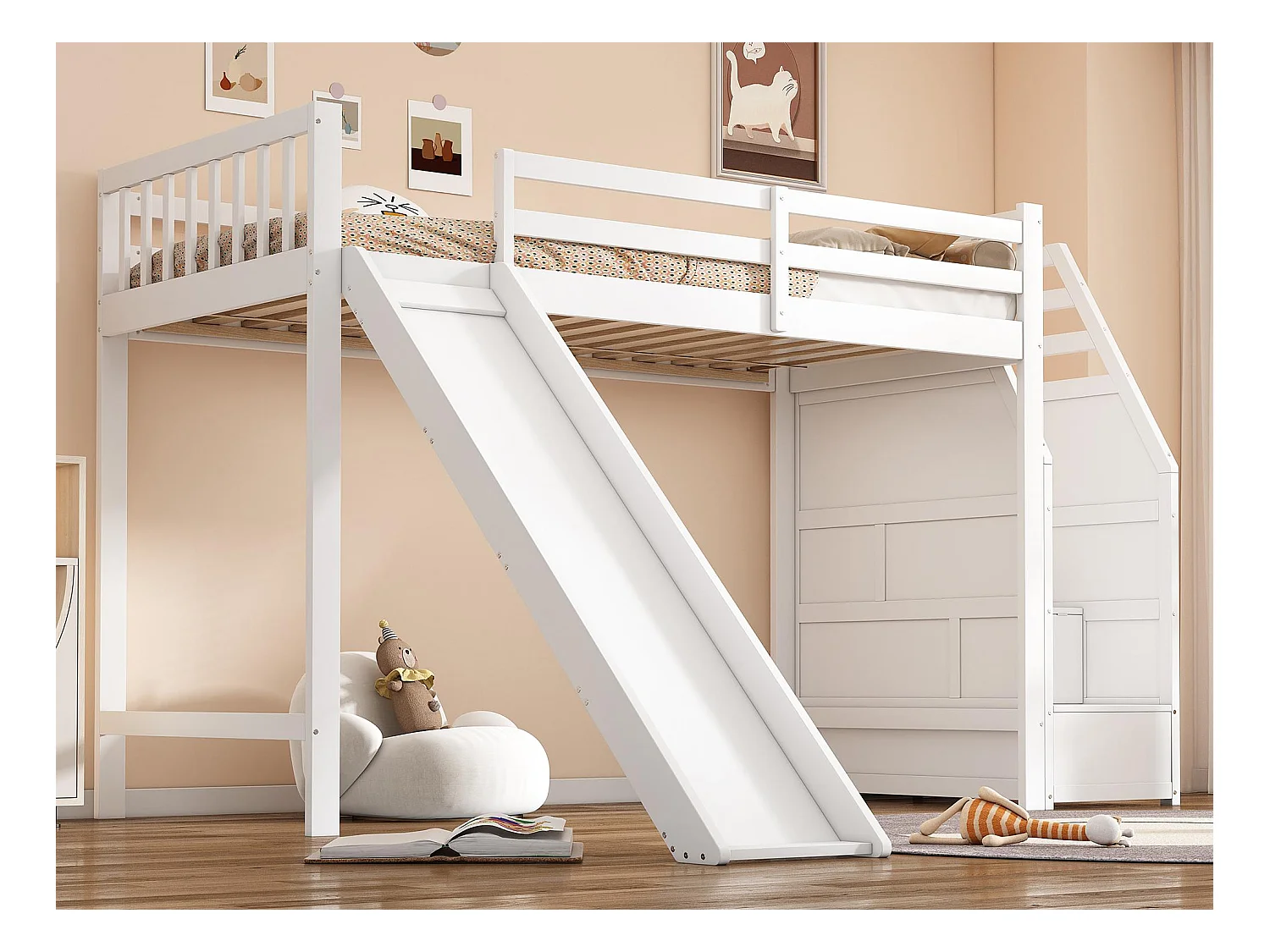 Lit mezzanine 90x200cm en bois de pin - avec toboggan et échelle de rangement - Blanc