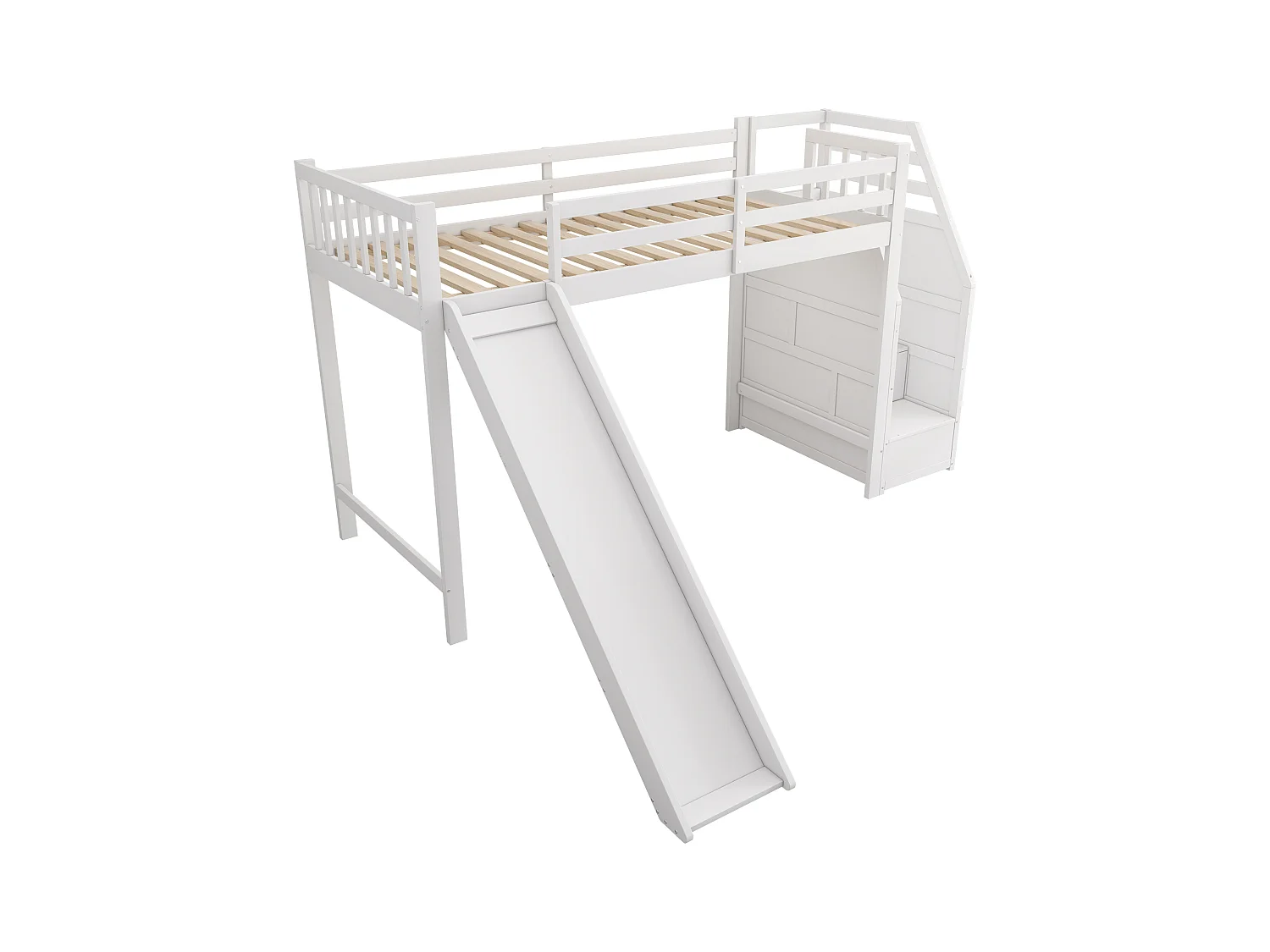 Mezzaninebed 90x200cm in grenenhout - met glijbaan en opbergladder - Wit