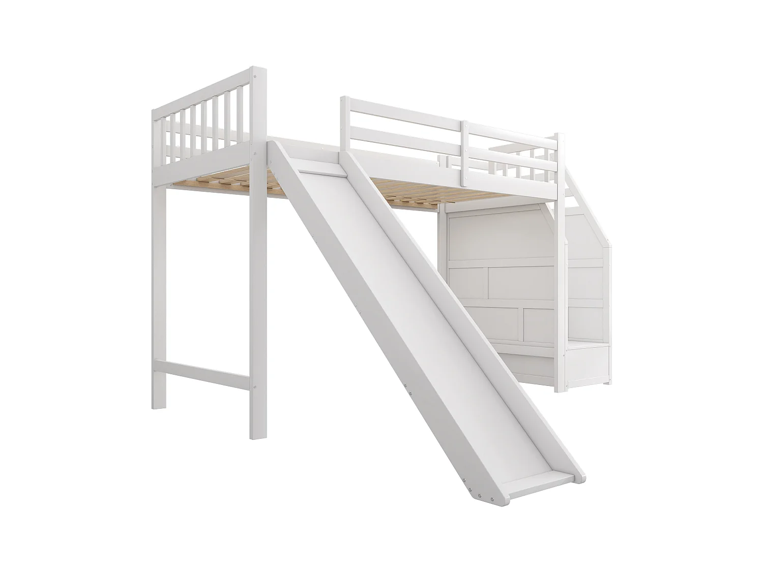 Mezzaninebed 90x200cm in grenenhout - met glijbaan en opbergladder - Wit