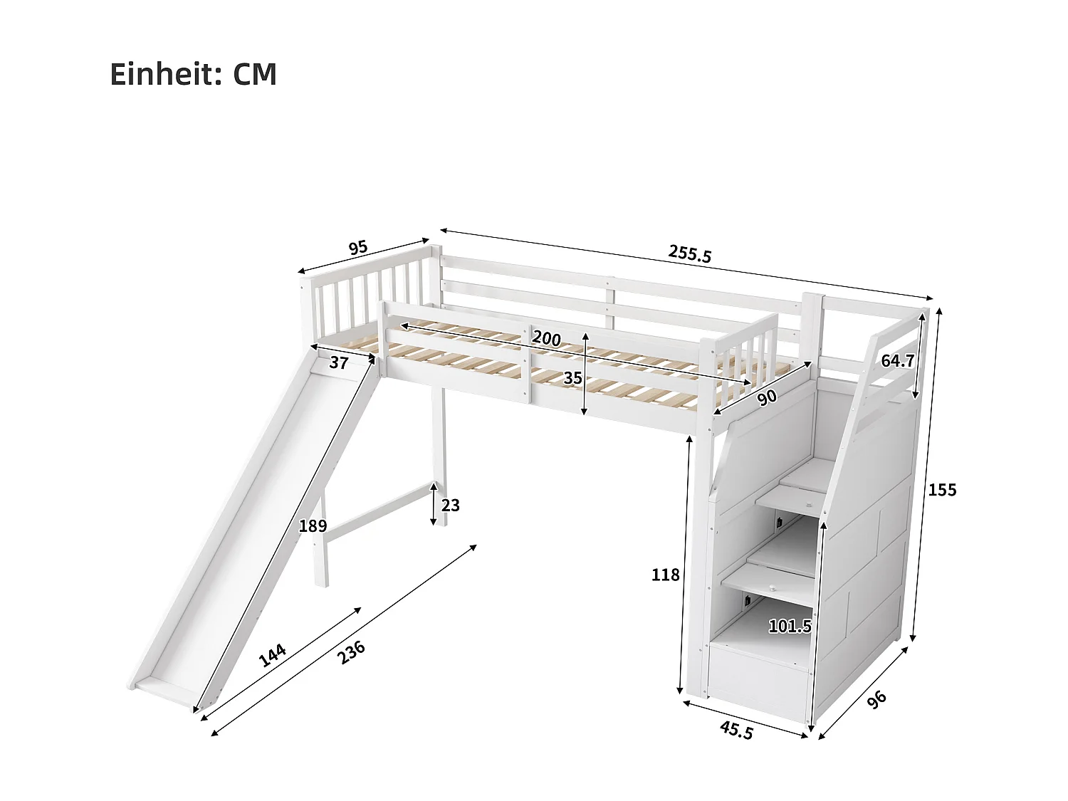 Lit mezzanine 90x200cm en bois de pin - avec toboggan et échelle de rangement - Blanc