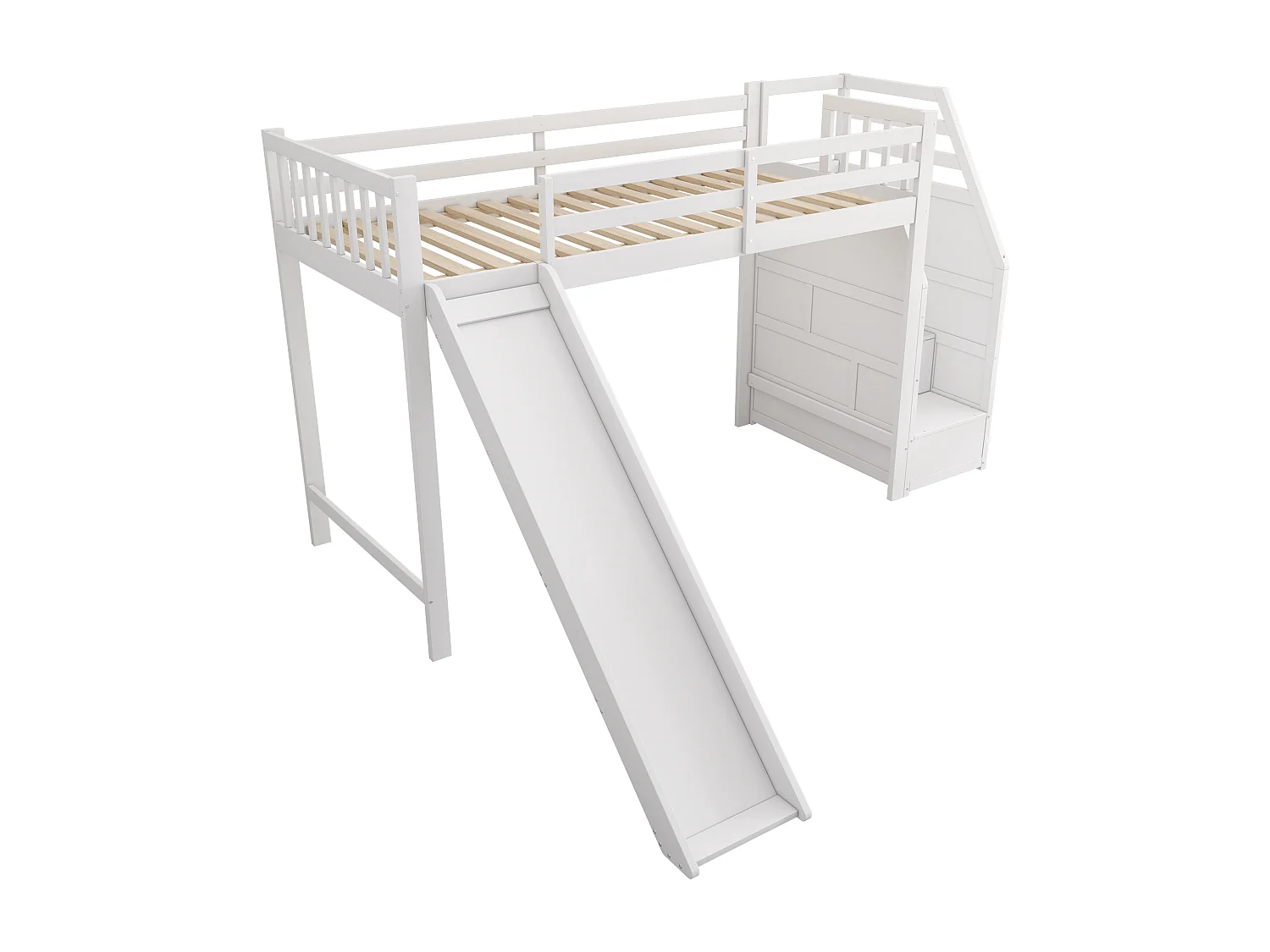 Lit mezzanine 90x200cm en bois de pin - avec toboggan et échelle de rangement - Blanc