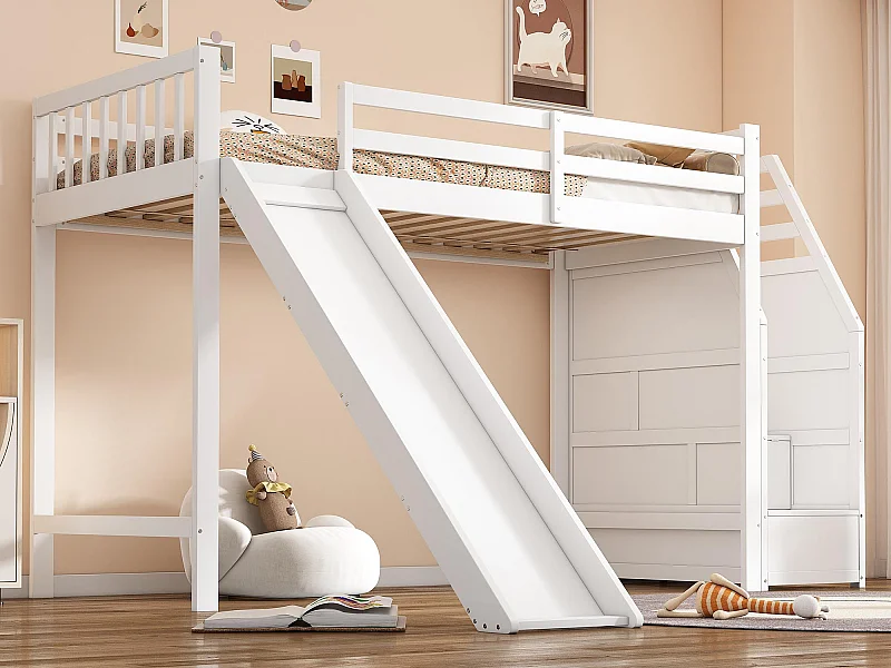 Letto a soppalco 90x200 cm in legno di pino - con scivolo e scaletta portaoggetti - Bianco