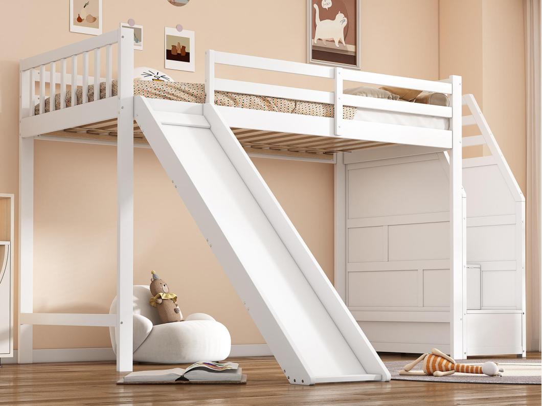 Cama mezanino 90x200cm em madeira de pinho - com escorregador e escada de arrumação - Branco