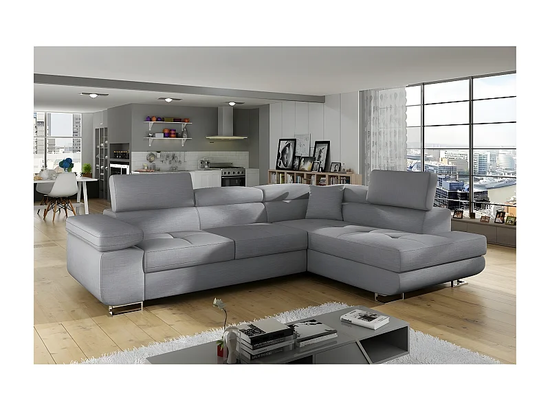 Canapé d'angle convertible en tissu luxe 5 places, ANNECY TISSU, couleur gris, angle droit