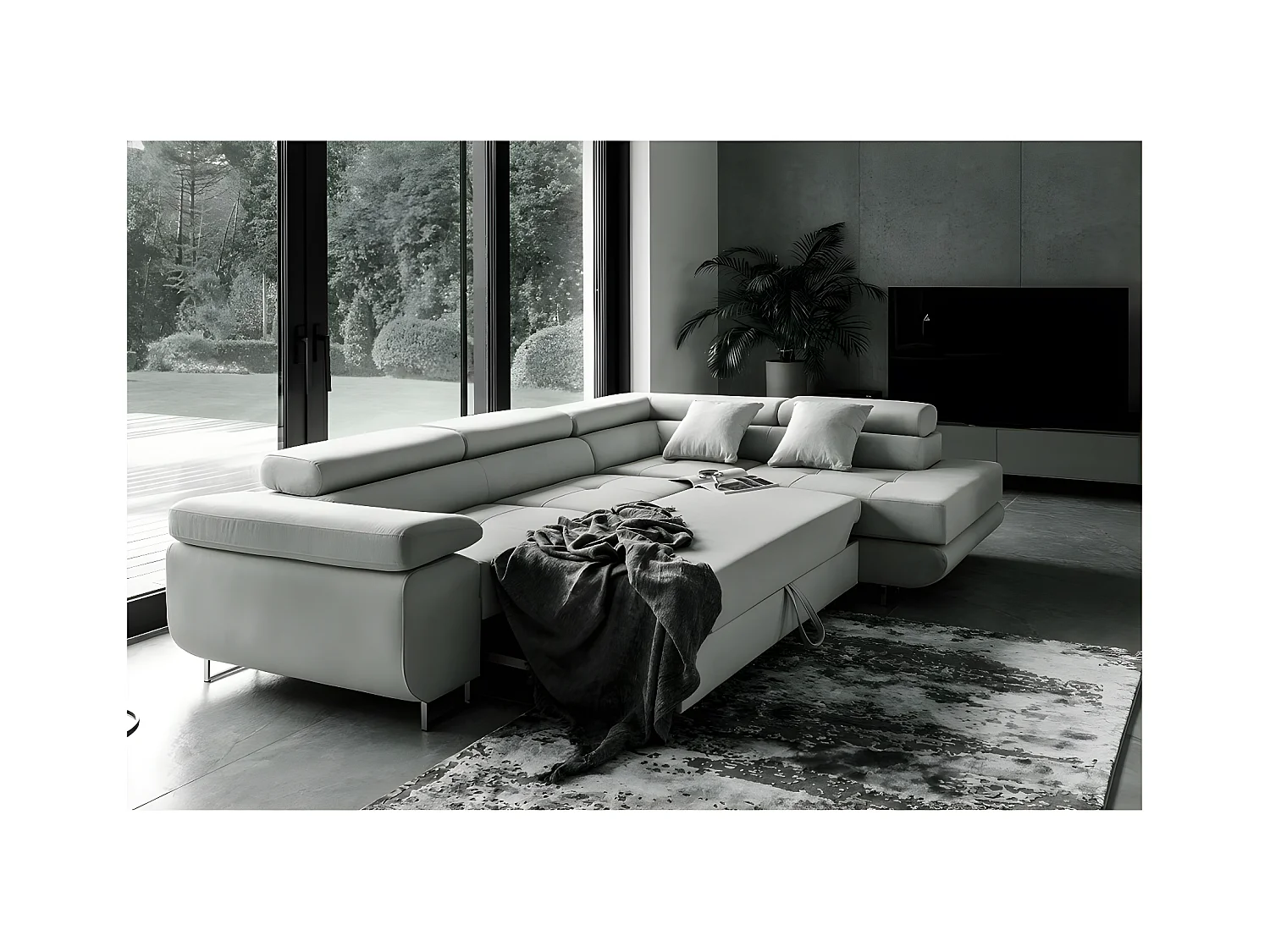 Canapé d'angle convertible en tissu luxe 5 places, ANNECY TISSU, couleur gris, angle droit