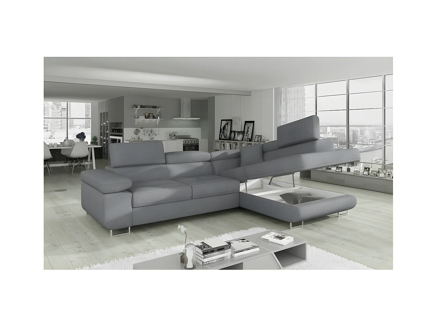 Canapé d'angle convertible en tissu luxe 5 places, ANNECY TISSU, couleur gris, angle droit