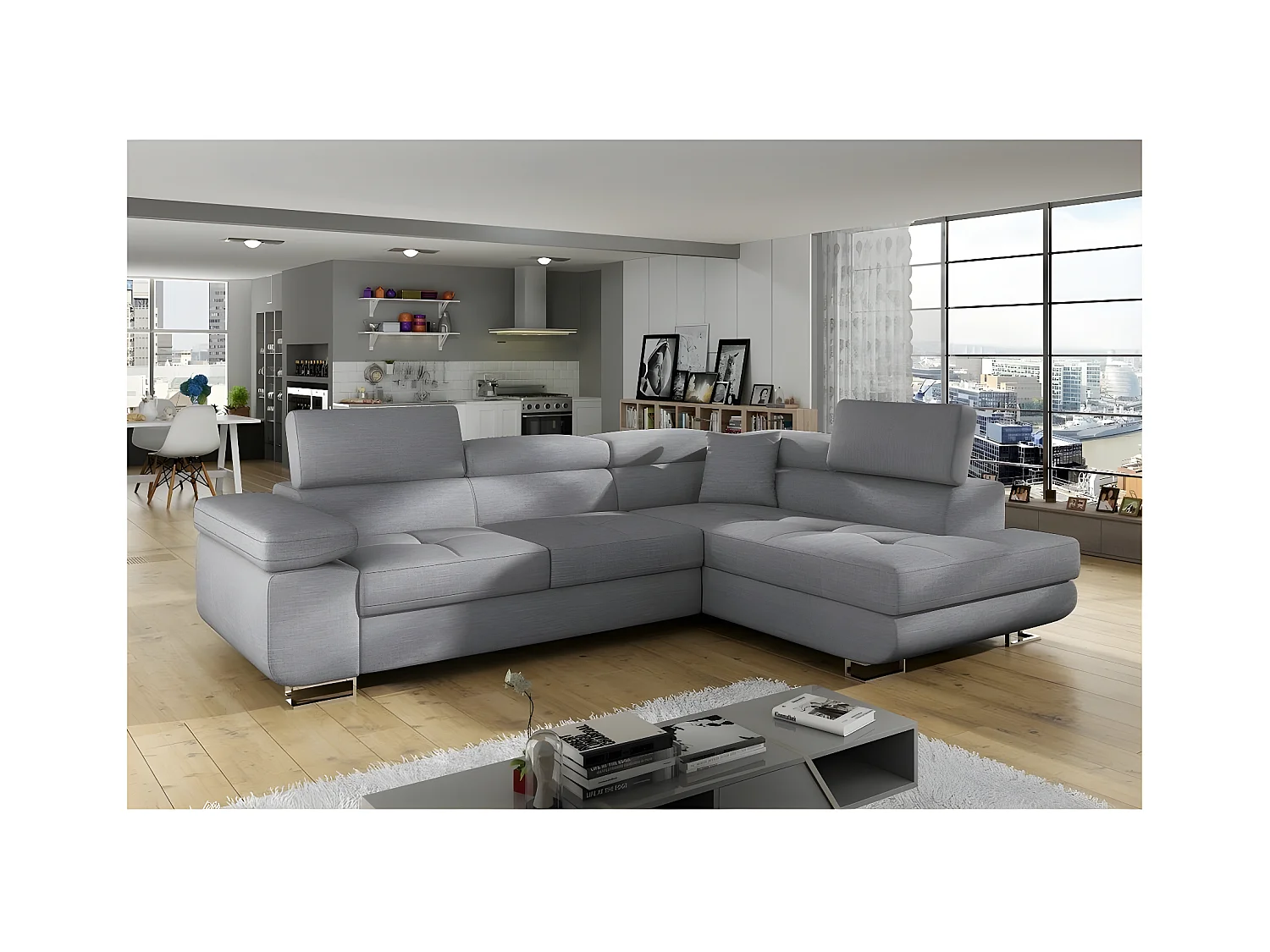 Canapé d'angle convertible en tissu luxe 5 places, ANNECY TISSU, couleur gris, angle droit