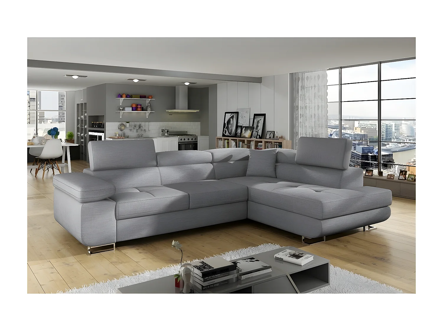 Canapé d'angle convertible en tissu luxe 5 places, ANNECY TISSU, couleur gris, angle droit