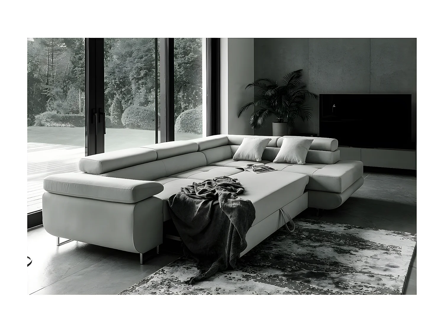 Canapé d'angle convertible en tissu luxe 5 places, ANNECY TISSU, couleur gris, angle droit