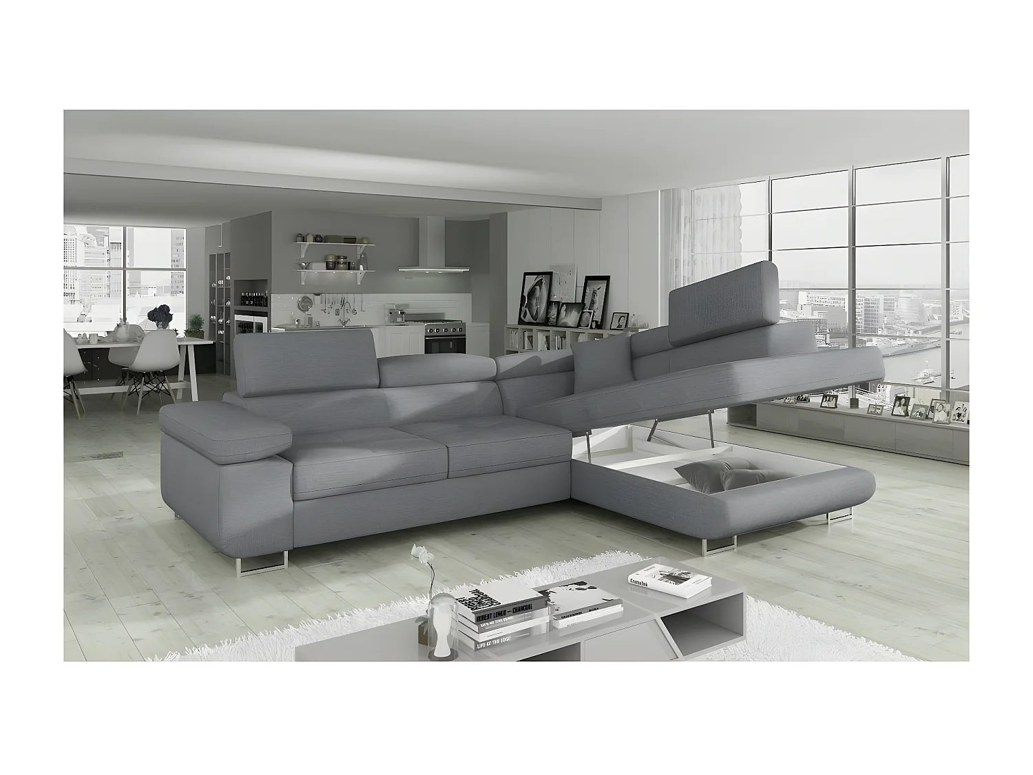 Canapé d'angle convertible en tissu luxe 5 places, ANNECY TISSU, couleur gris, angle droit