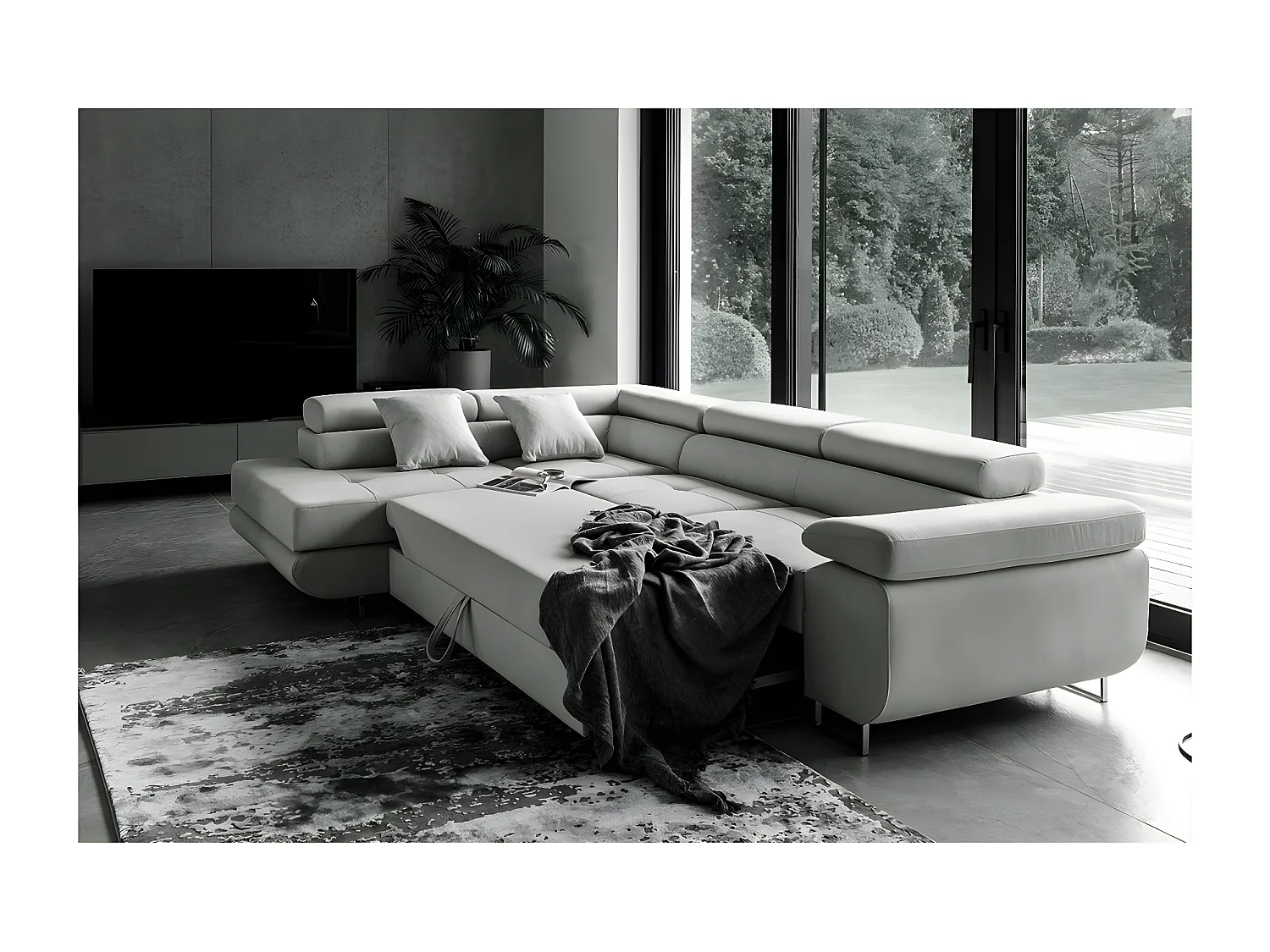 Canapé d'angle convertible - en tissu luxe 5 places, ANNECY TISSU, couleur gris, angle gauche