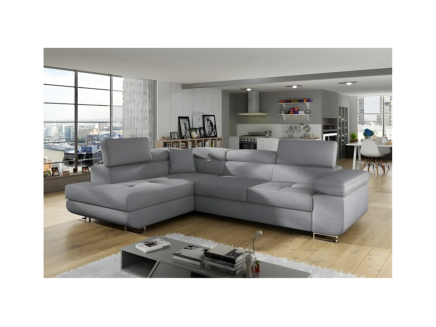 Canapé d'angle convertible - en tissu luxe 5 places, ANNECY TISSU, couleur gris, angle gauche