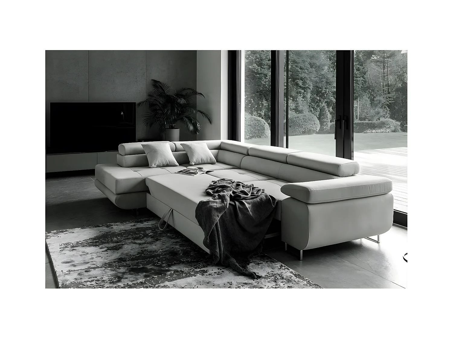 Canapé d'angle convertible - en tissu luxe 5 places, ANNECY TISSU, couleur gris, angle gauche