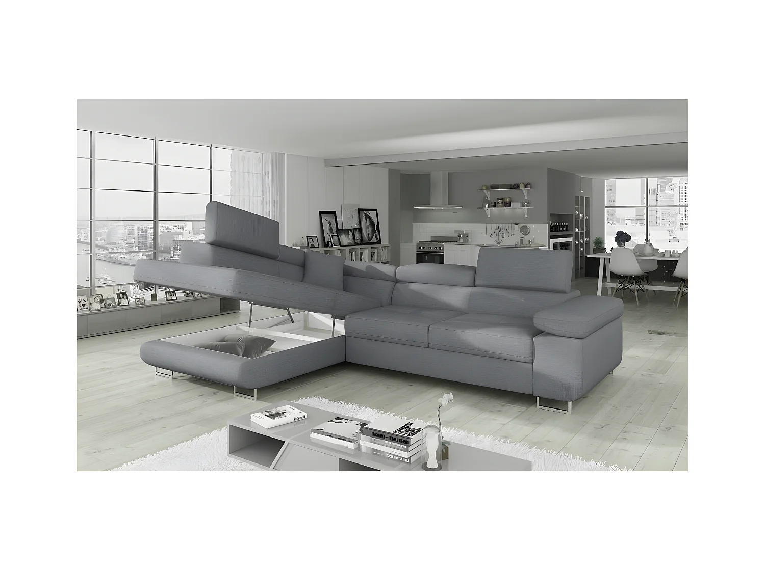 Canapé d'angle convertible - en tissu luxe 5 places, ANNECY TISSU, couleur gris, angle gauche