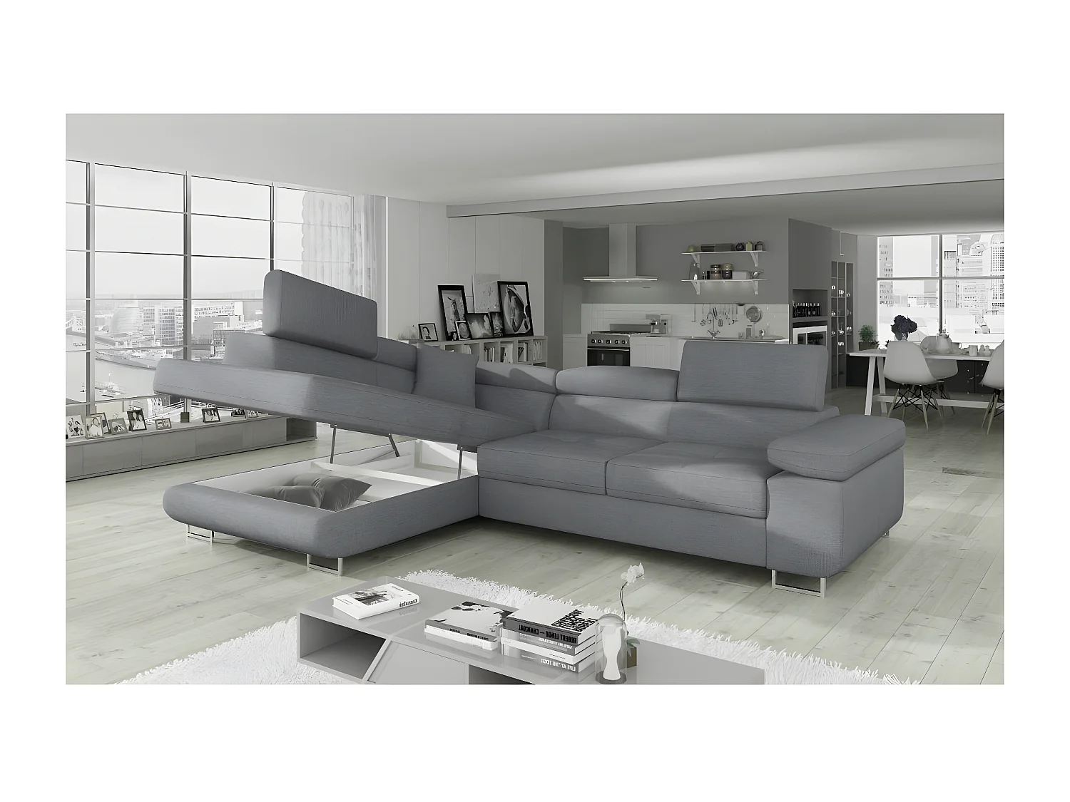 Canapé d'angle convertible - en tissu luxe 5 places, ANNECY TISSU, couleur gris, angle gauche