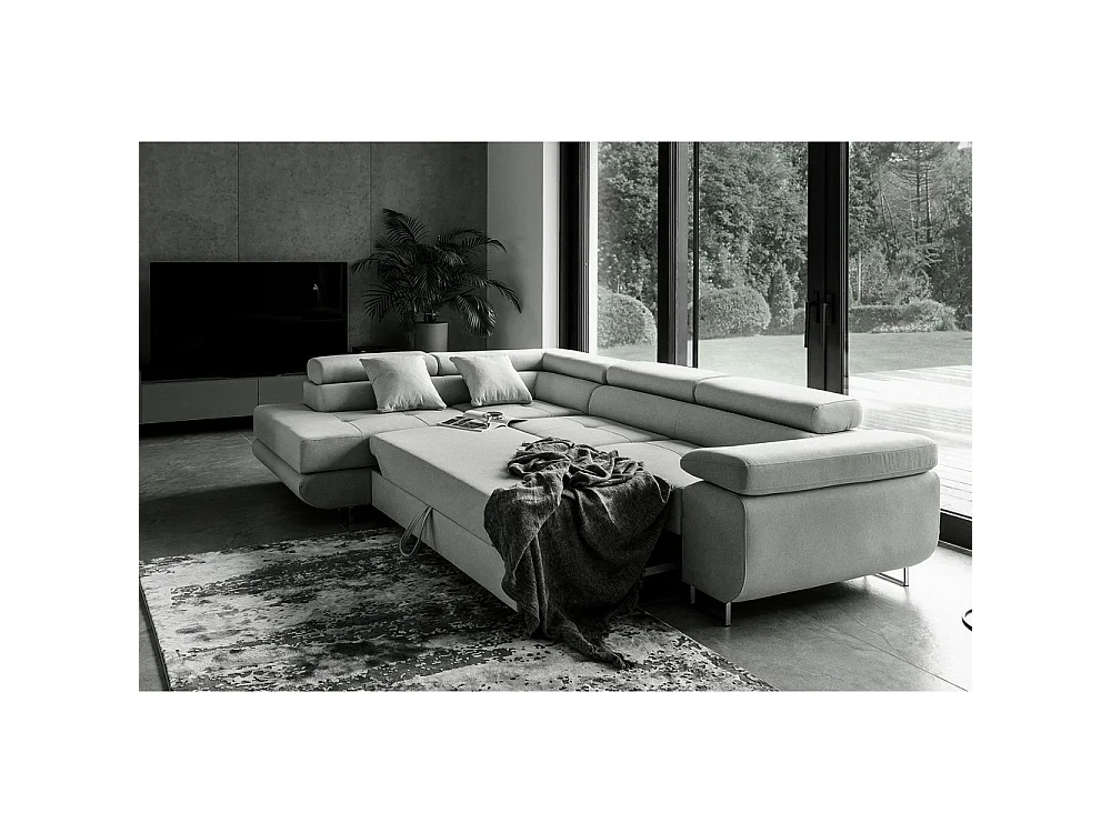 Canapé d'angle gauche convertible 5 places en tissu gris clair ANNECY