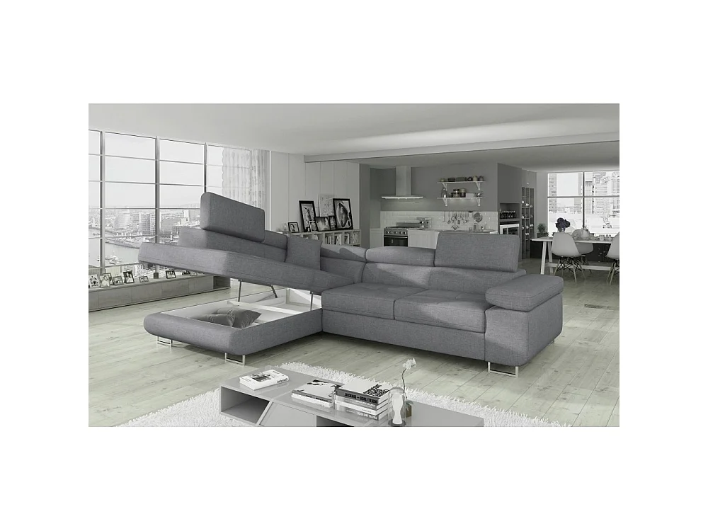 Canapé d'angle gauche convertible 5 places en tissu gris clair ANNECY