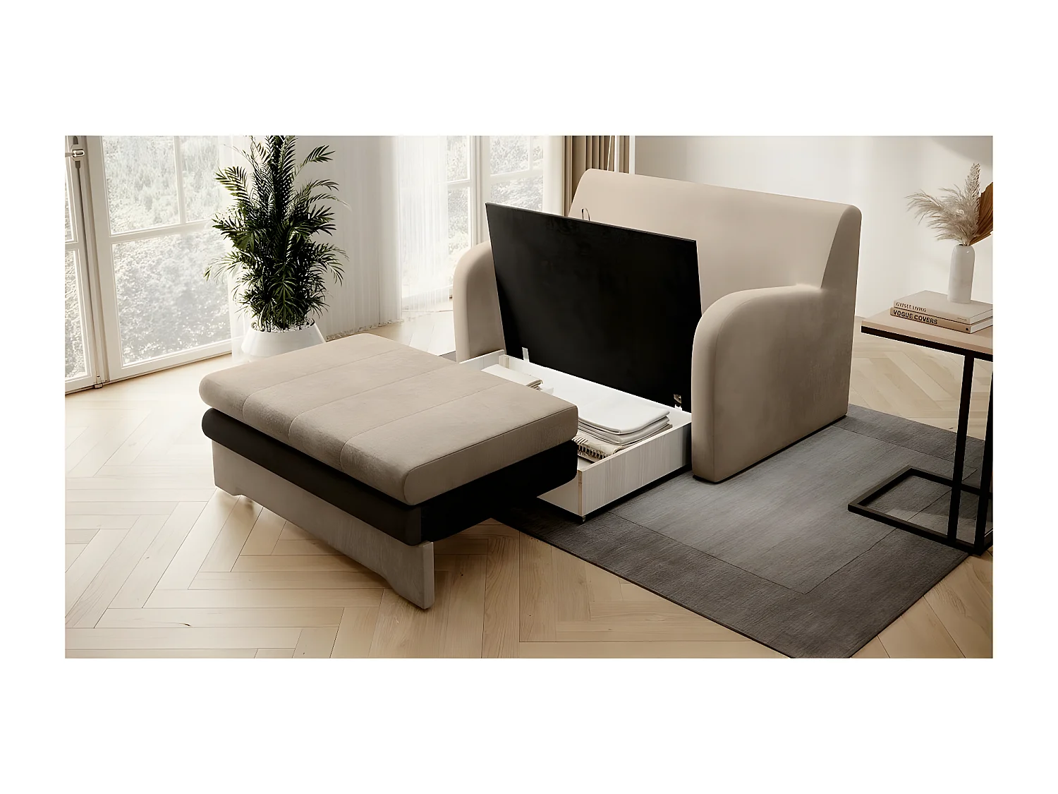 Joli canapé convertible avec rangement en velours beige et chocolat, ARIEL