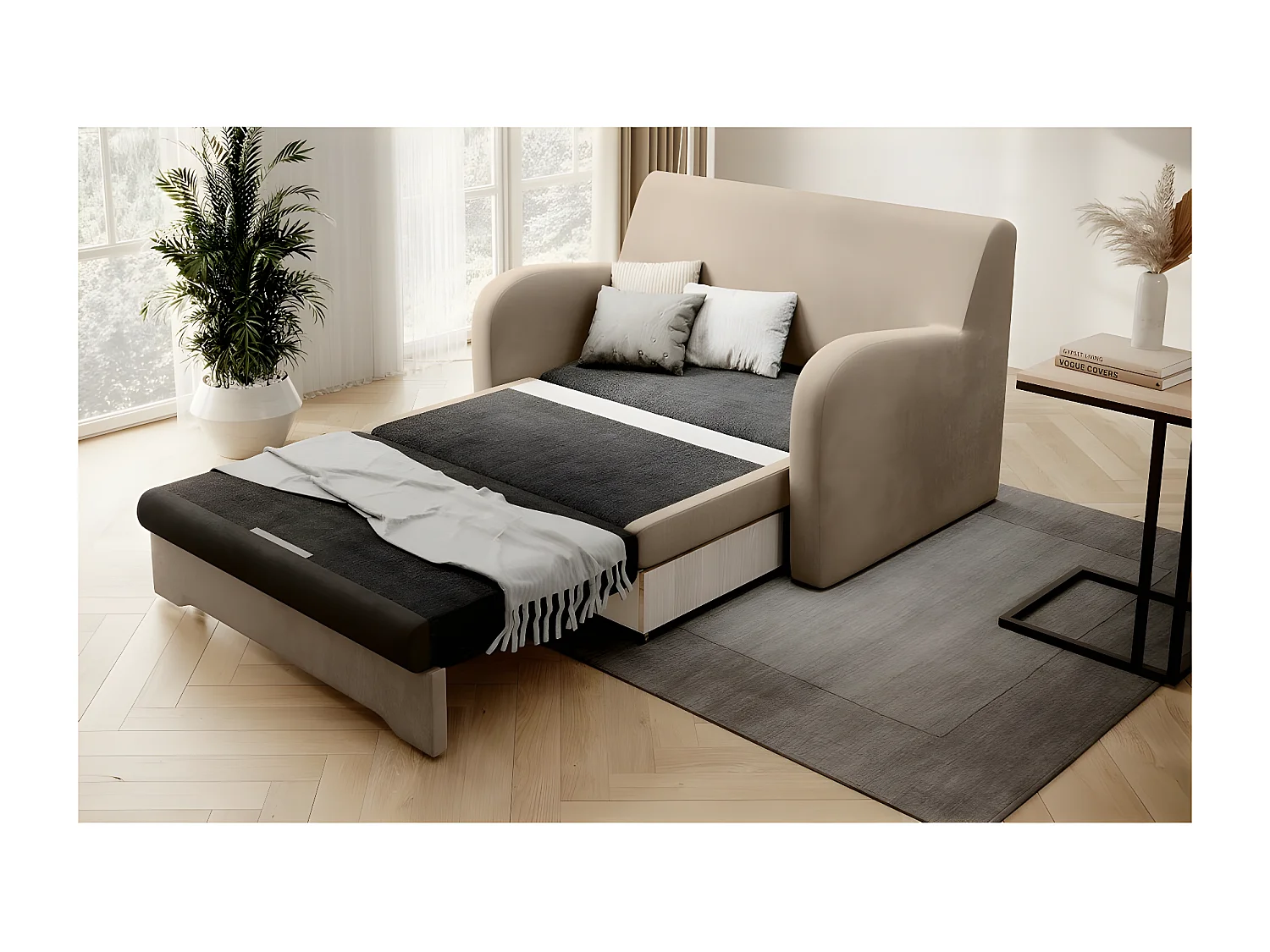 Joli canapé convertible avec rangement en velours beige et chocolat, ARIEL