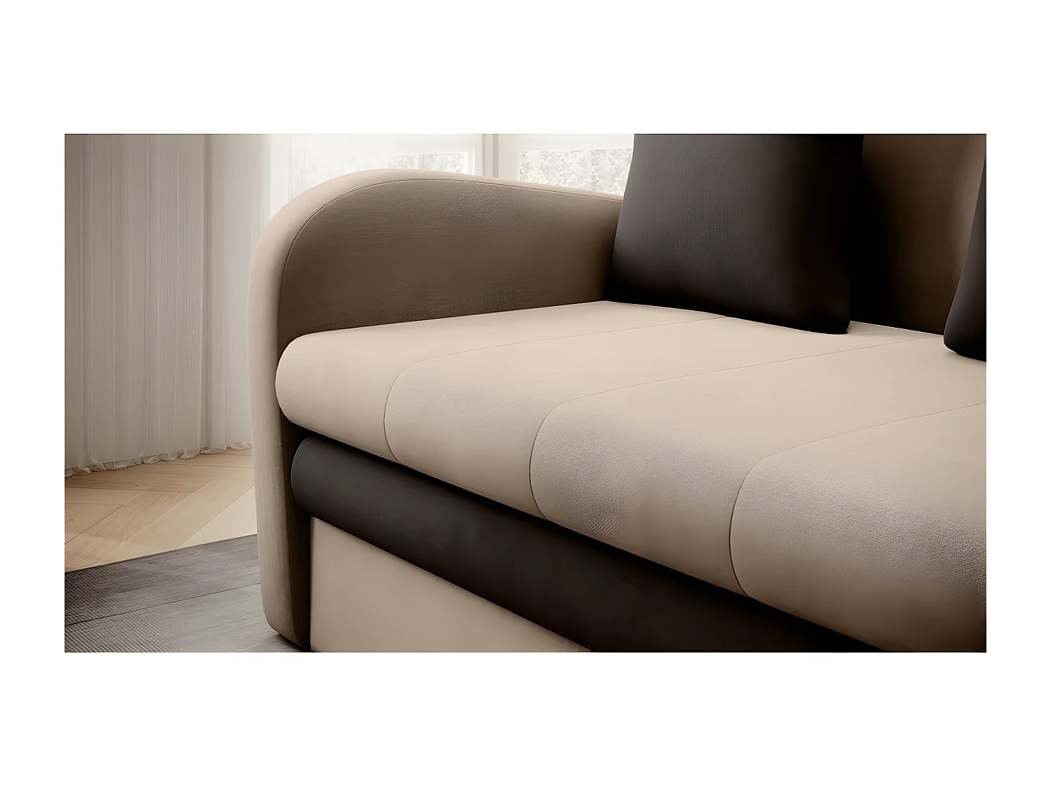 Joli canapé convertible avec rangement en velours beige et chocolat, ARIEL