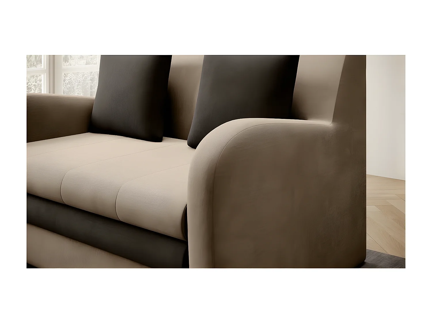 Joli canapé convertible avec rangement en velours beige et chocolat, ARIEL