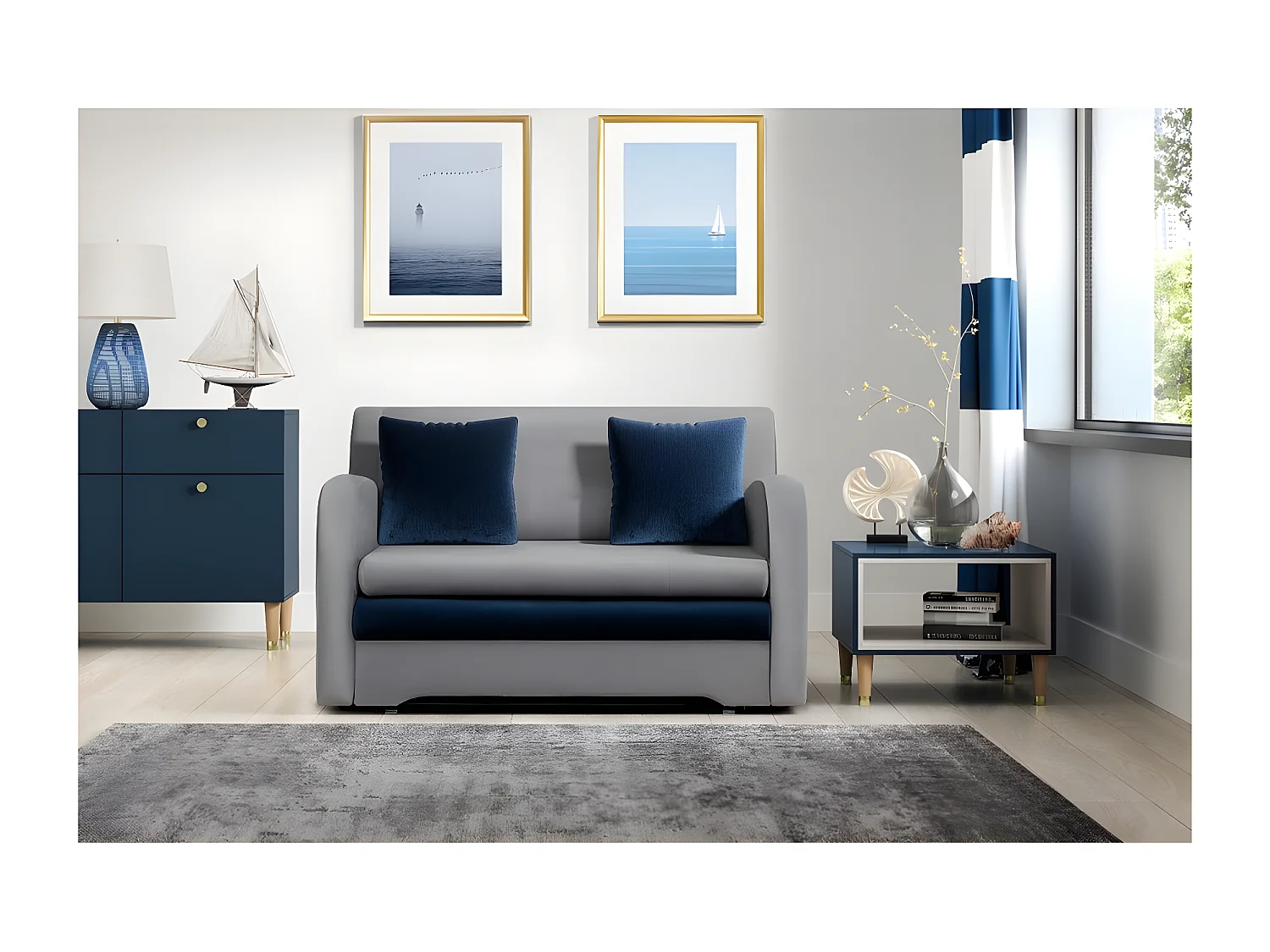 Joli canapé convertible avec rangement en velours gris et bleu, ARIEL