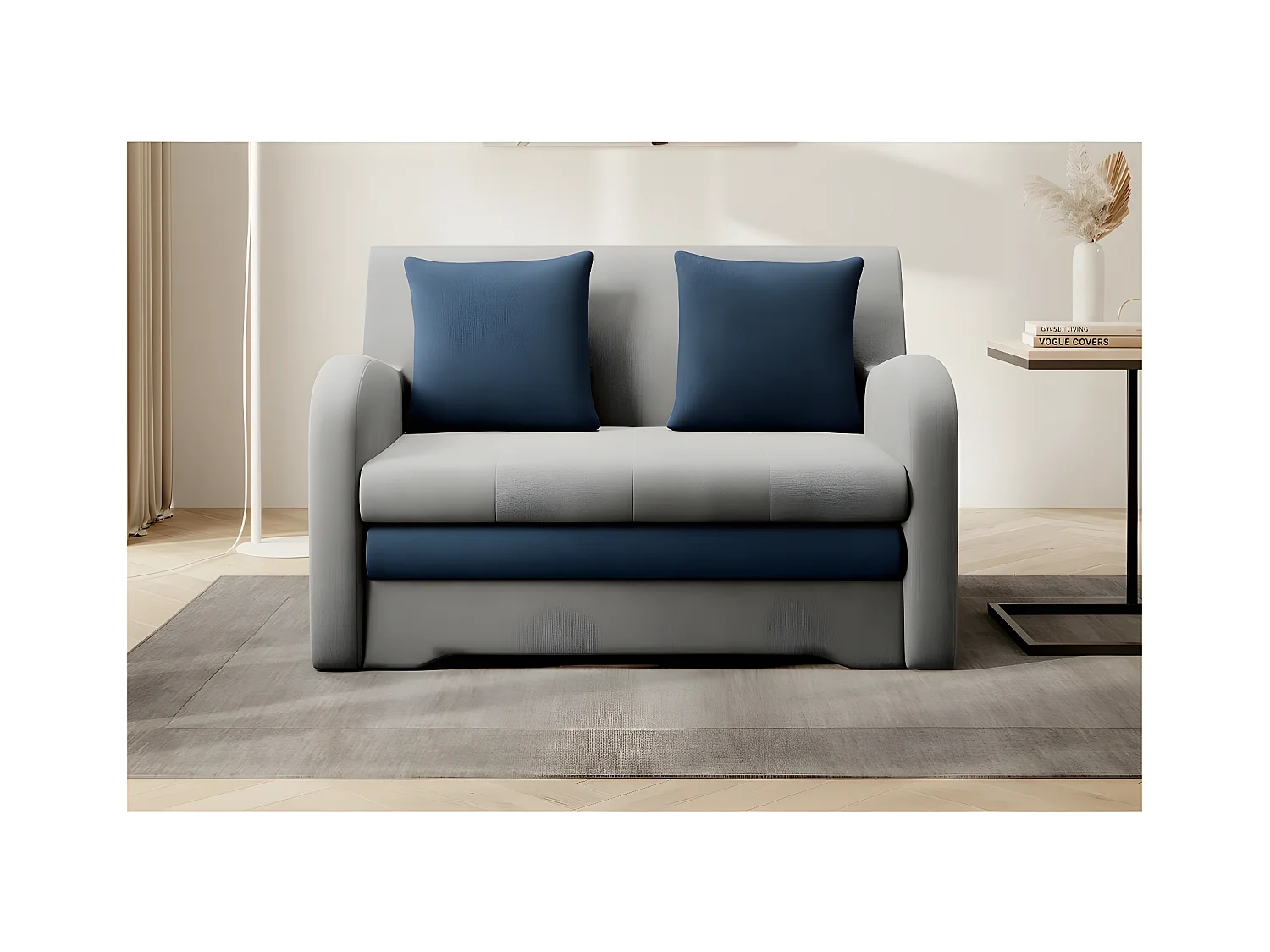Joli canapé convertible avec rangement en velours gris et bleu, ARIEL