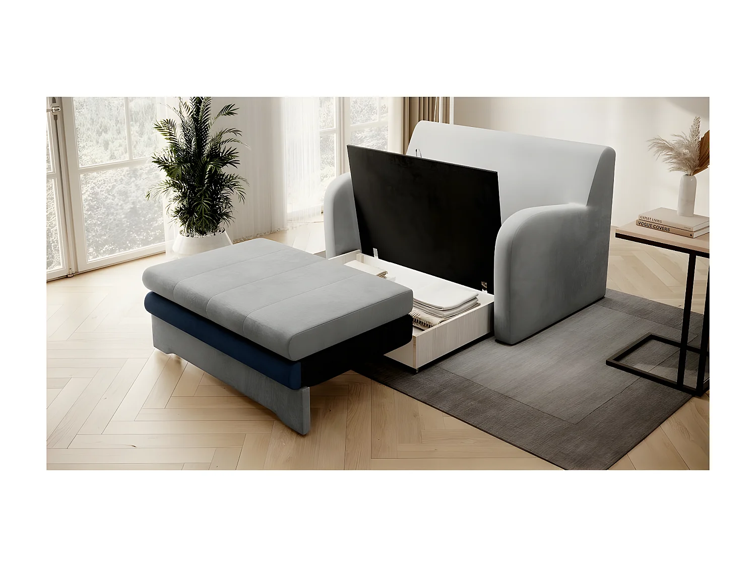 Omvormbare fluwelen bank in grijs en blauw met opbergruimte en optimaal comfort, ARIEL