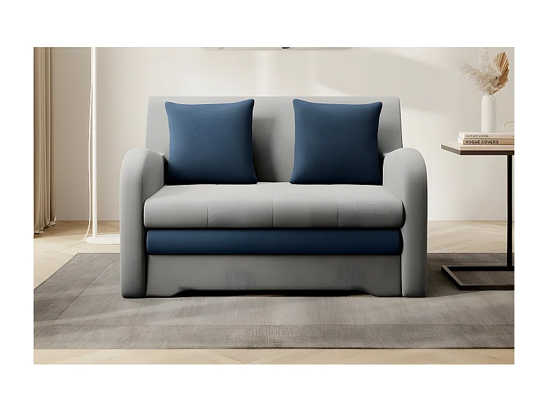 Joli canapé convertible avec rangement en velours gris et bleu, ARIEL