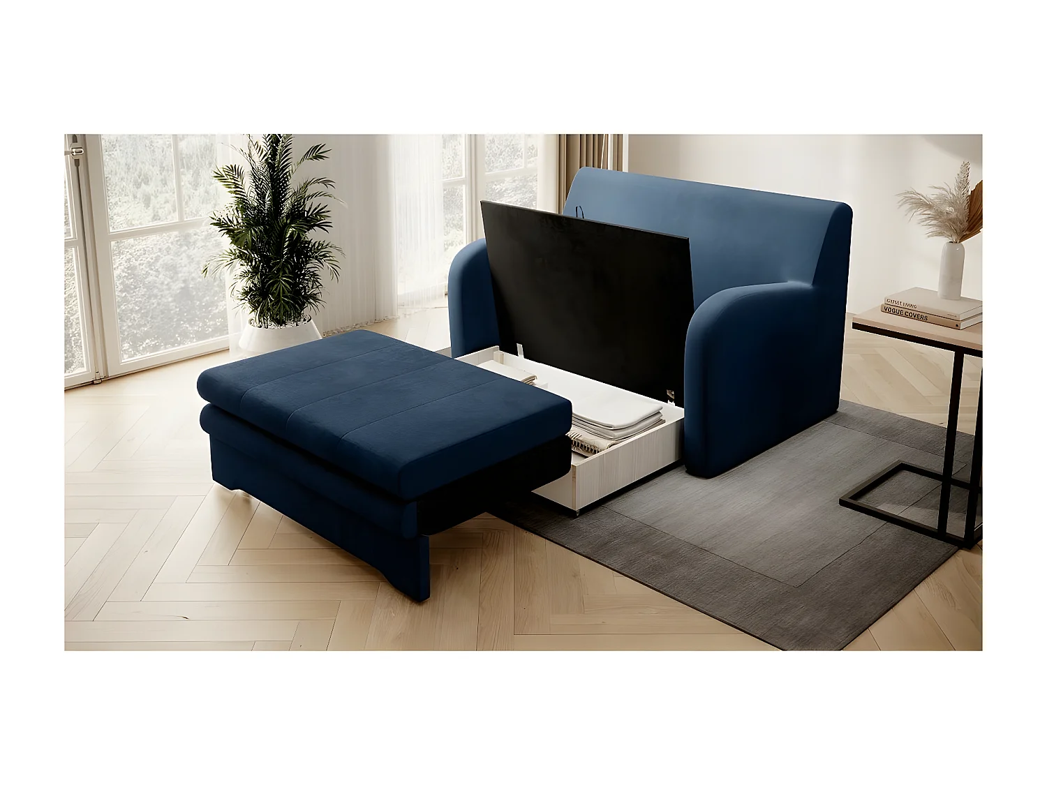 Joli canapé convertible avec rangement en velours bleu foncé, ARIEL