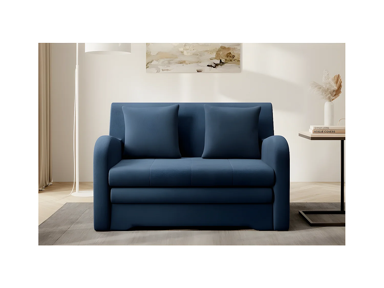 Joli canapé convertible avec rangement en velours bleu foncé, ARIEL